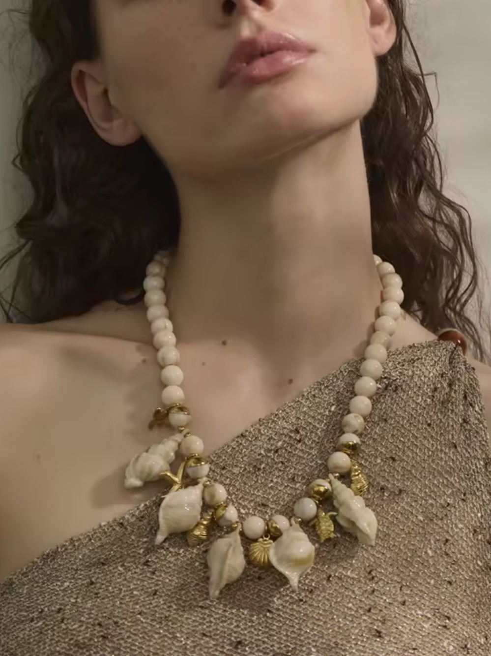 Couture Gold Cream Shell Charm Beaded Necklace - Picture 8 of 11